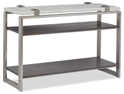Paradox 48" Modern Sofa Table with Shelf - White Marble Top with Brushed Platinum Frame|Table de salon moderne Paradox de 48 po avec tablette - dessus en marbre blanc avec armature platine brossé