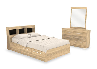 Riley Mates Bed 5pc Set with Bookcase Headboard, Dresser & Mirror, Natural - Full Size | Ensemble lit matelot Riley 5 pièces avec tête de lit bibliothèque, commode et miroir, naturel - format lit double