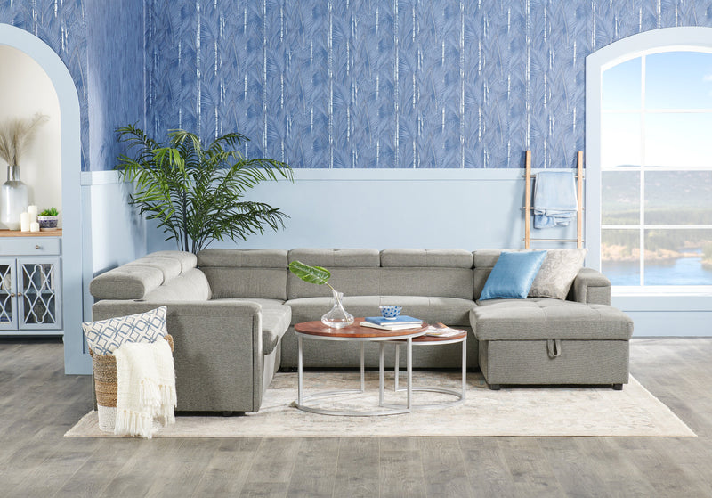 Sofa-lit sectionnel de droite Savvy 3 pièces en tissu d’apparence lin avec fauteuil long de rangement et appuie-têtes réglables - gris