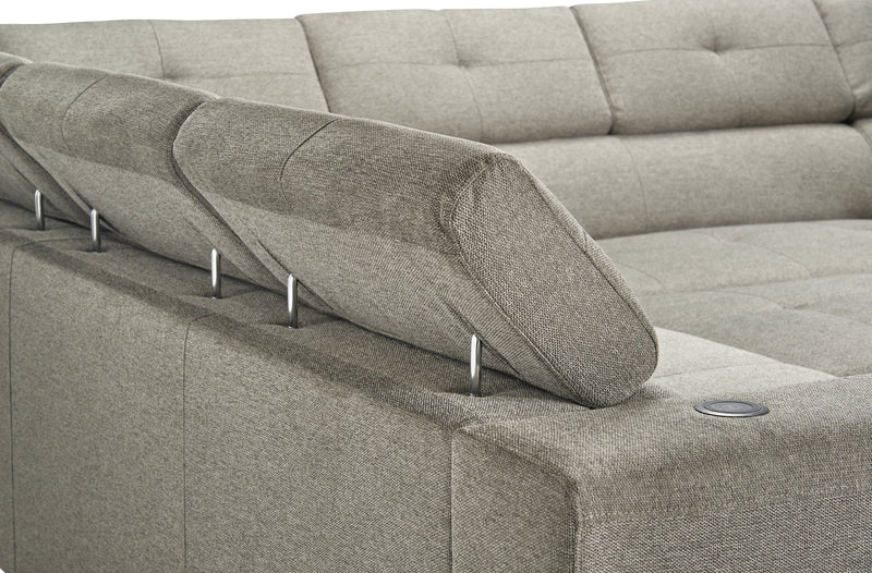 Sofa-lit sectionnel de droite Savvy 3 pièces en tissu d’apparence lin avec fauteuil long de rangement et appuie-têtes réglables - gris