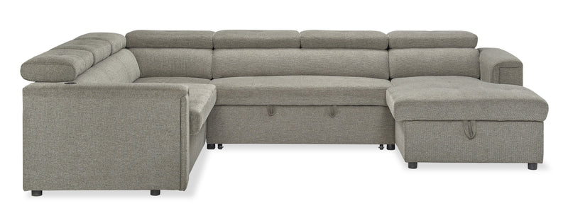 Sofa-lit sectionnel de droite Savvy 3 pièces en tissu d’apparence lin avec fauteuil long de rangement et appuie-têtes réglables - gris
