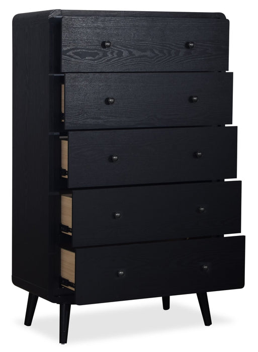 Commode verticale de chambre à coucher moderne du milieu du 20e siècle Milan de 32 po (l) x 51 po (H) à 5 tiroirs - noire