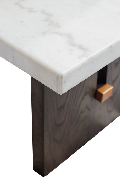 Table à café Warwick de 52 po en bois massif et en marbre - blanche et chêne brun