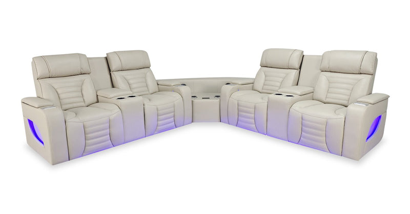 Sofa sectionnel à inclinaison électrique Zen 3 pièces en tissu d’apparence cuir avec massage et 2 consoles avec réfrigérateur - abricot