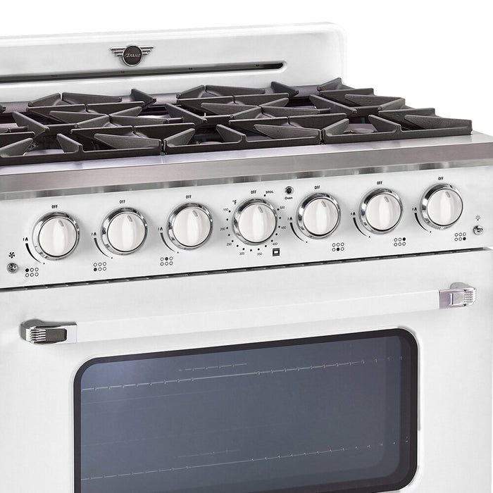 Cuisinière à gaz Classic Rétro par Unique de 36 po et de 5,2 pi3 à 6 brûleurs avec convection - blanc guimauve - UGP-36CR W