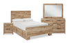 Ensemble de chambre à coucher Derekson 6 pièces naturel avec lit de rangement latéral, commode, miroir et table de nuit - format grand lit
