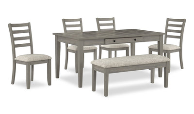 Cove 6pc Dining Table Set with Table, Bench & 4 Chairs, Storage Drawers, Melamine, 66"W - Grey | Ensemble de salle à manger Cove 6 pièces en mélamine avec table de 66 po (L), tiroirs de rangement, banc et 4 chaises - gris