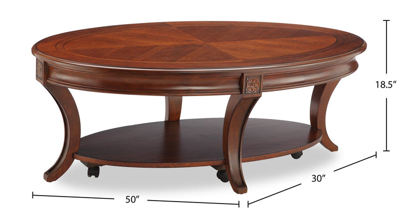 Table à café ovale traditionnelle Kerwin de 50 po avec tablette et roulettes - cerisier