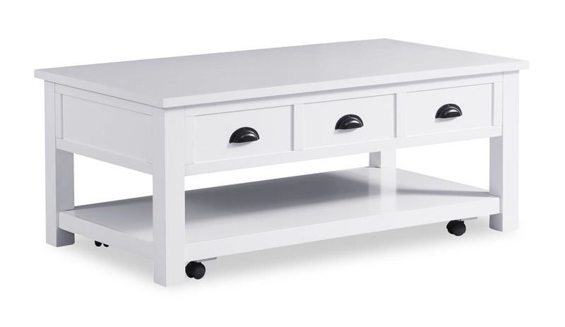 Table à café moderne Centennial de 48 po avec dessus relevable, rangement, tablette et roulettes - blanche