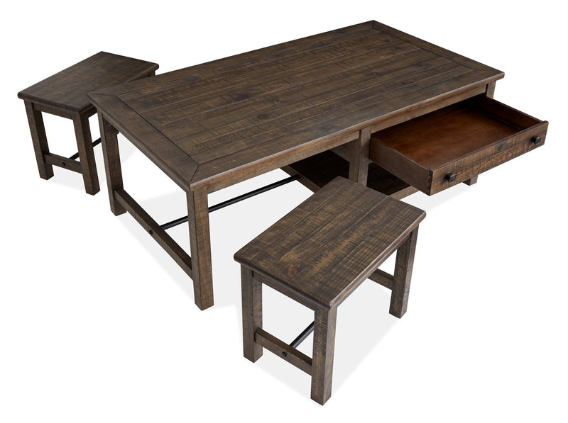 Table à café Edwin de 52 po en pin champêtre avec rangement et tabourets - brun champêtre