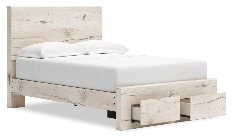 Lit de rangement Derekson blanc rustique avec 2 tiroirs intégrés au pied du lit - format lit double