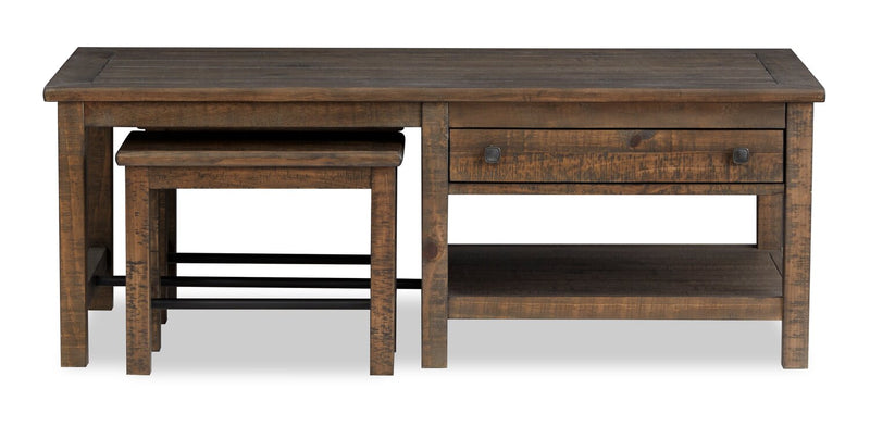 Table à café Edwin de 52 po en pin champêtre avec rangement et tabourets - brun champêtre