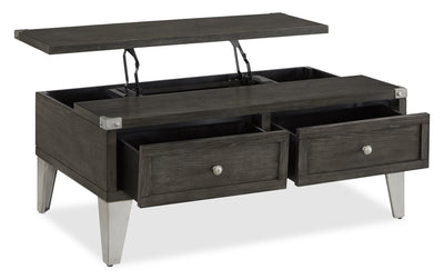 London 42" Industrial Coffee Table – Grey Wood Finish and Silvery Metal Legs | Table à café industrielle London de 42 po - fini en bois gris et pattes en métal argenté | LONDOCTB