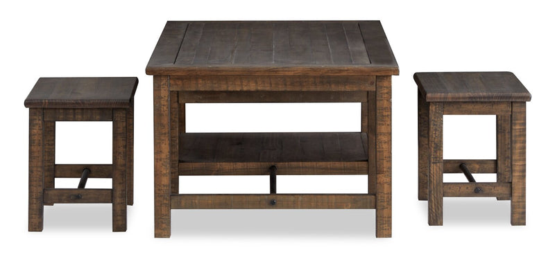 Table à café Edwin de 52 po en pin champêtre avec rangement et tabourets - brun champêtre