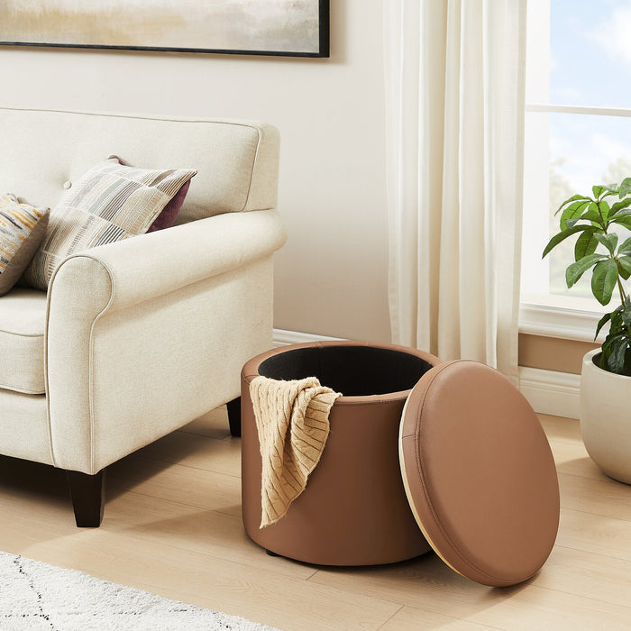 Pouf de rangement rond Manitoba de 18 po - similicuir brun
