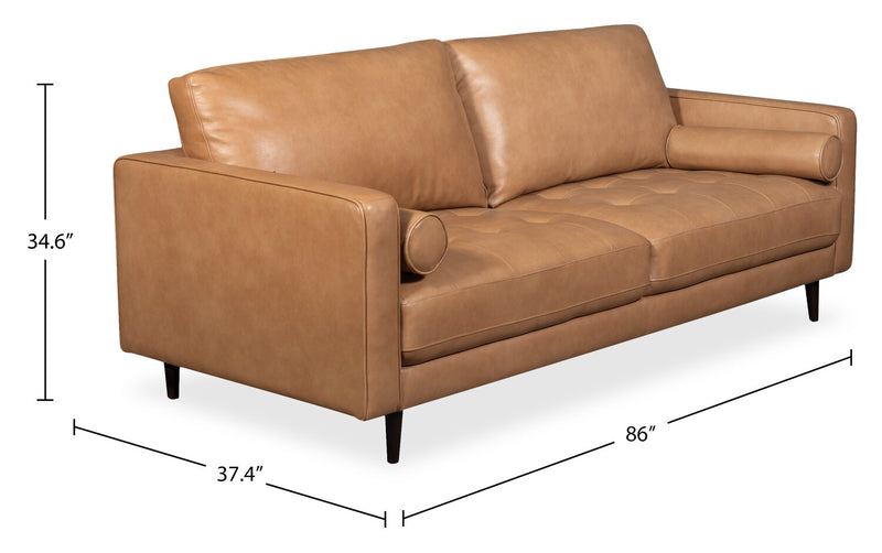 Sofa Edge de 86 po en cuir véritable avec pattes en bois et coussins de dossier amovibles - brun