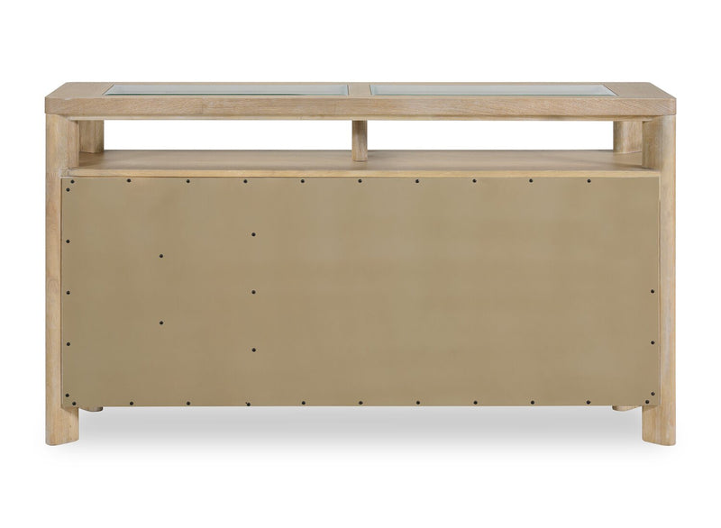 Desserte de salle à manger Aspen de 64 po (L) avec supports à vin et à verres à pied, 3 tiroirs et 2 portes - naturelle