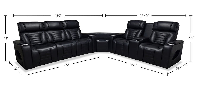Sofa sectionnel à inclinaison électrique Zen 3 pièces en tissu d’apparence cuir avec massage, console rabattable et compartiment réfrigéré - noir