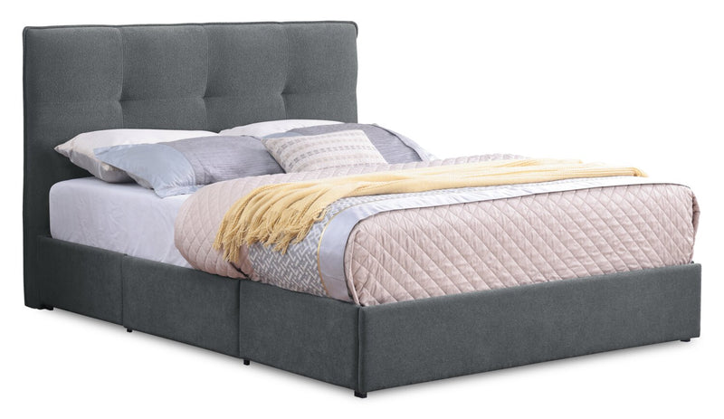 Base de lit de rangement Amos rembourrée en tissu anthracite avec 3 tiroirs intégrés - format lit double