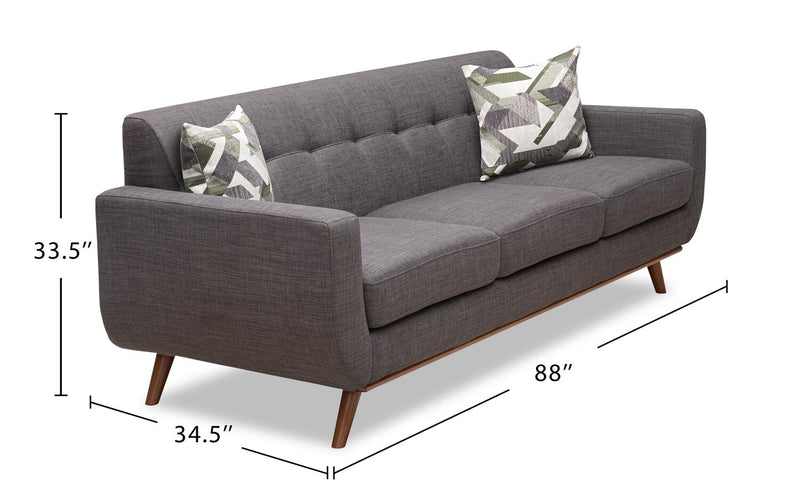 Sofa Freeman Kort & Co. de 88 po en tissu d’apparence lin avec pattes en bois et coussins de dossier capitonnés - gris anthracite