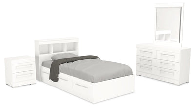 Riley Mates Bed 6pc Set with Bookcase Headboard, Dresser, Mirror & Nightstand, White - Twin Size | Ensemble lit matelot Riley 6 pièces avec tête de lit bibliothèque, commode, miroir et table de nuit, blanc - format lit simple