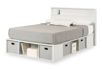 Everley Platform Bed Set with Panel Headboard, Built-in Storage & Baskets, White - Full Size | Ensemble lit plateforme et tête de lit à panneau Everley avec rangement et paniers intégrés, blanc - format lit double