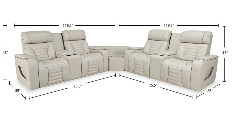 Sofa sectionnel à inclinaison électrique Zen 3 pièces en tissu d’apparence cuir avec massage et 2 consoles avec réfrigérateur - abricot