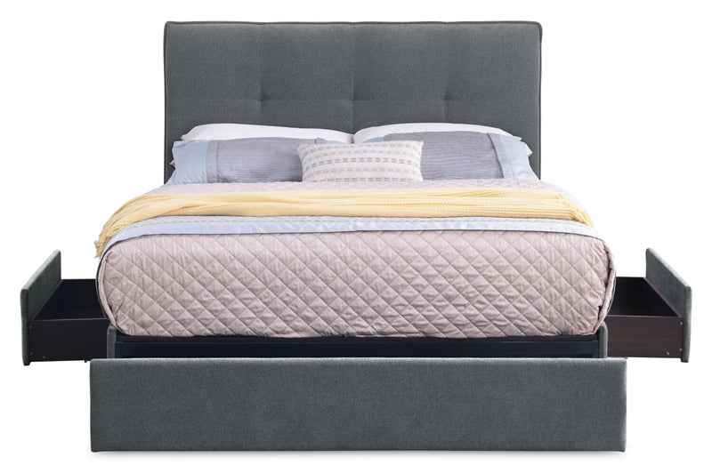 Base de lit de rangement Amos rembourrée en tissu anthracite avec 3 tiroirs intégrés - format lit double