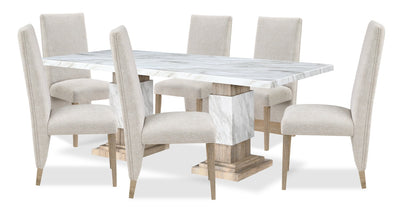 Vega 7pc Dining Set with Table & 6 Chairs, Marble Look, Pedestal Base, 82"W - Natural & White | Ensemble de salle à manger Vega 7 pièces avec table de 82 po (L), imitation de marbre, base piédestal et 6 chaises - naturel et blanc