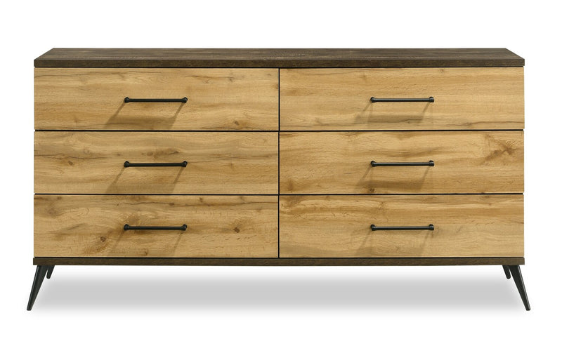 Ensemble de chambre à coucher Silas 6 pièces brun rustique avec lit plateforme, commode, miroir, table de nuit et éclairage à DEL - format très grand lit