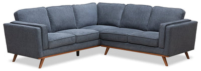 Kort & Co. Kassia 2-Piece Linen-Look Fabric Sectional with Wood Base and Legs - Blue | Sofa sectionnel Kassia de Kort & Co. 2 pièces en tissu d’apparence lin avec base et pattes en bois - bleu