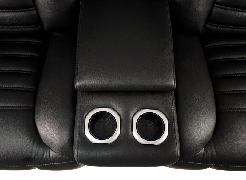 Sofa sectionnel à inclinaison électrique Zen 3 pièces en tissu d’apparence cuir avec massage, console rabattable et compartiment réfrigéré - noir