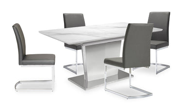 Naya 5pc Dining Package with 63-78.75"W Extension Table & 4 Chairs - Faux White Marble & Grey | Ensemble de salle à manger Naya 5 pièces avec table à rallonge, 63 po à 78,75 po (L), et 4 chaises - imitation de marbre blanc et gris