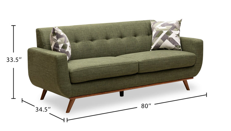 Sofa Freeman de Kort & Co. de 80 po de format condo en tissu d’apparence lin avec base et pattes en bois - vert avocat