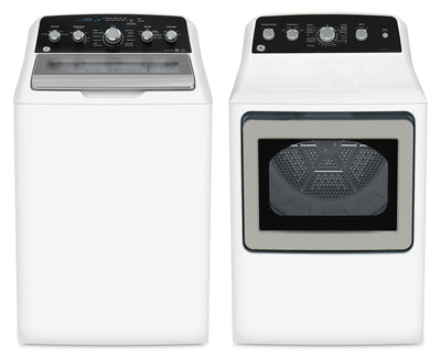 GE 4.9 Cu. Ft. Top Load Washer and 7.2 Cu. Ft. Electric Dryer with SaniFresh | Laveuse à chargement par le haut de 4,9 pi3 et sécheuse électrique de 7,2 pi3 de GE avec cycle SaniFresh