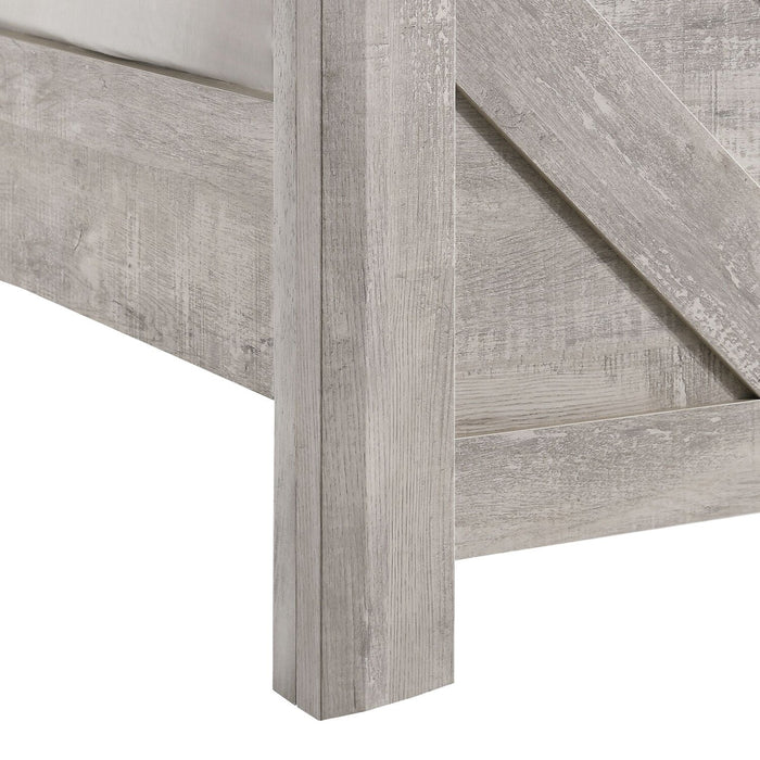 Ensemble de chambre à coucher Lark 5 pièces blanc rustique avec lit à panneaux, commode et miroir - format lit double