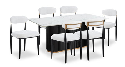Kort & Co. Capri 7pc Dining Set with Table & 6 Chairs, Gold Accent, Pedestal Base, 72"W - White | Ensemble de salle à manger Capri de Kort & Co. 7 pièces avec table de 72 po (L), touches dorées, base piédestal et 6 chaises - blanc