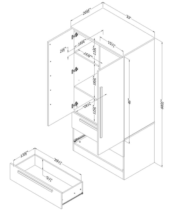 Commode verticale Alex de 33 po (L) x 68,5 po (H) à 2 tiroirs avec armoire de rangement pour la chambre à coucher - noire