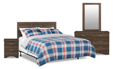 Aida 4pc Bedroom Set with Headboard, Dresser, Mirror & Nightstand, Made in Canada, Brown - Queen Size | Ensemble de chambre à coucher Aida 4 pièces fabriqué au Canada avec tête de lit, commode, miroir et table de nuit, brun - format grand lit