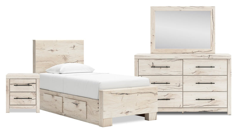 Ensemble de chambre à coucher Derekson 6 pièces blanc rustique avec lit de rangement latéral, commode, miroir et table de nuit - format lit simple