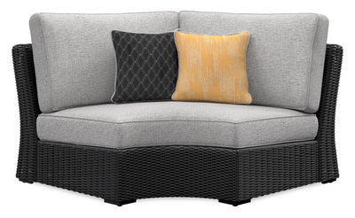 Jasper Outdoor Patio Corner Chair - Resin Wicker, Nuvella Fabric, UV & Weather Resistant - Grey/Black | Fauteuil en coin Jasper pour la terrasse à l’extérieur - osier en résine, tissu Nuvella, résistant aux rayons UV et aux intempéries - gris et noir