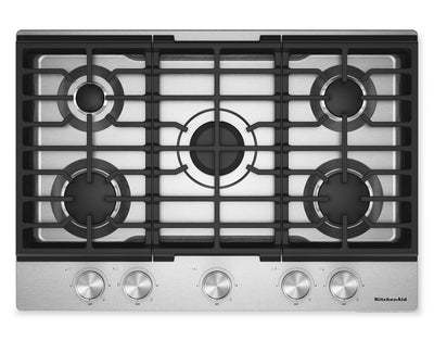 KitchenAid 30" Gas-on-Metal Cooktop with Cast-Iron Grates – Stainless Steel - KCGK330SSS | Surface de cuisson à gaz sur métal KitchenAid de 30 po avec grilles en fonte - acier inoxydable - KCGK330SSS