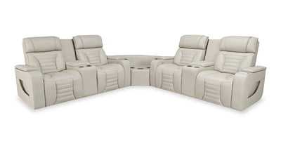Zen 3-Piece Leather-Look Fabric Power Reclining Sectional with Massage and Two Refrigerator Consoles - Apricot | Sofa sectionnel à inclinaison électrique Zen 3 pièces en similicuir avec massage et 2 consoles avec réfrigérateur - abricot