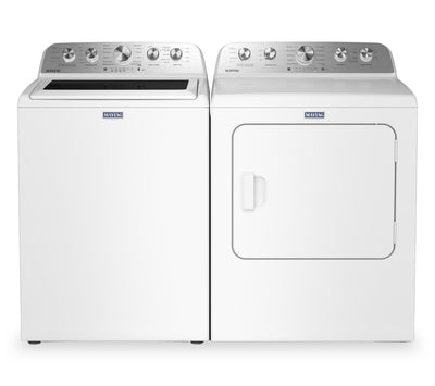 Maytag 5.4 Cu Ft. Top Load Washer with Pet Pro and 7.0 Cu Ft. Gas Dryer – White | Laveuse à chargement par le haut 5,4 pi³ avec Animal Pet Pro et sécheuse à gaz 7,0 pi³ de Maytag - blanches