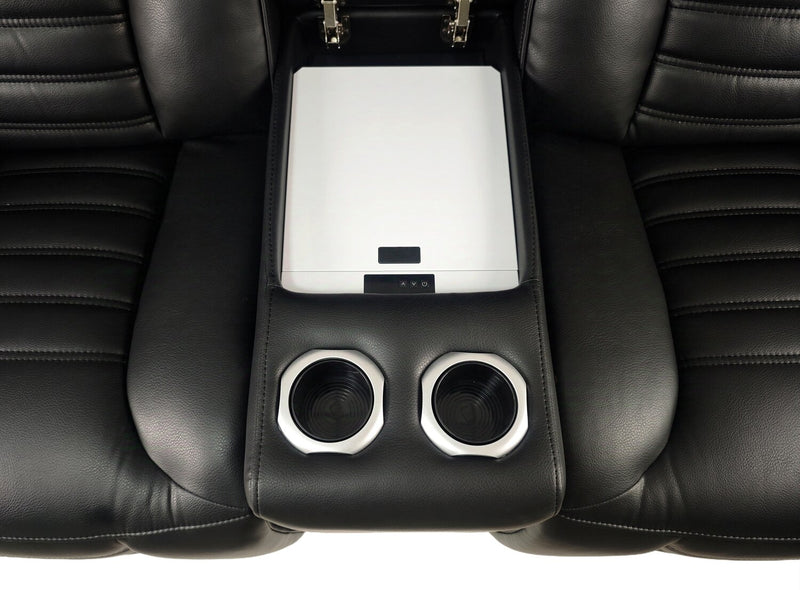 Sofa sectionnel à inclinaison électrique Zen 3 pièces en tissu d’apparence cuir avec massage, console rabattable et compartiment réfrigéré - noir