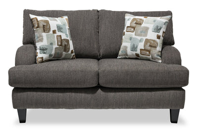 Made in Canada Nofia 58" Chenille Fabric Loveseat with Two Accent Pillows and Wood Legs - Charcoal Grey | Causeuse Nofia de 58 po fabriquée au Canada en tissu de chenille avec 2 coussins décoratifs et pattes en bois - gris anthracite