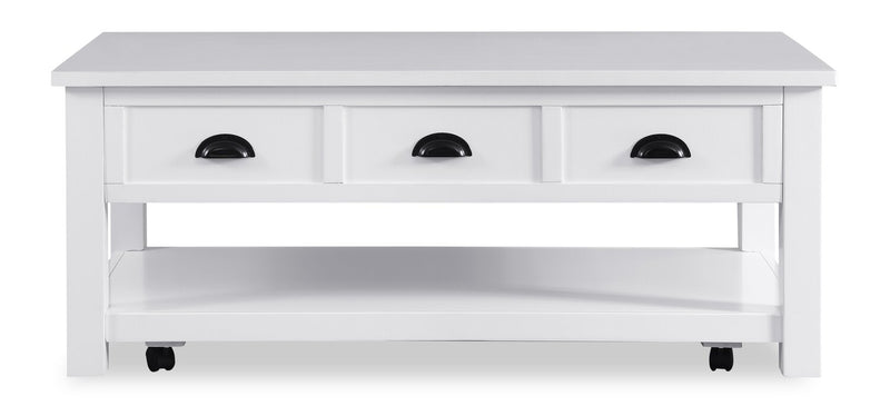 Table à café moderne Centennial de 48 po avec dessus relevable, rangement, tablette et roulettes - blanche