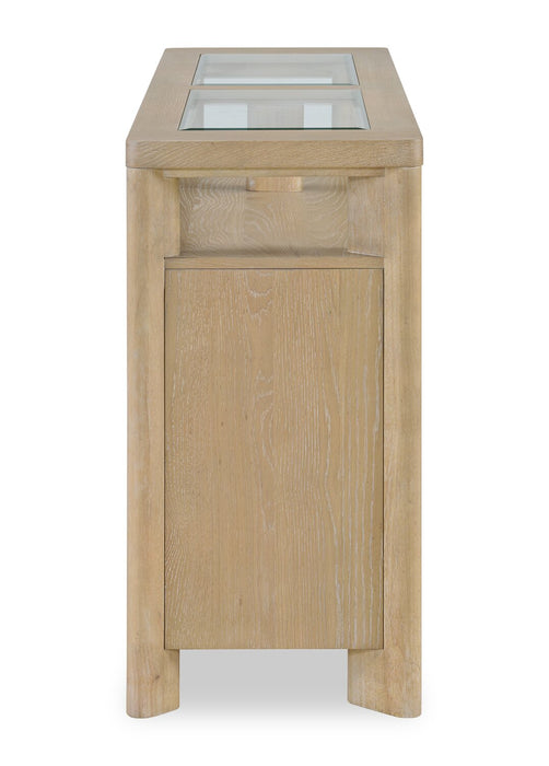 Desserte de salle à manger Aspen de 64 po (L) avec supports à vin et à verres à pied, 3 tiroirs et 2 portes - naturelle