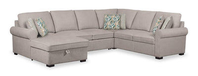 Scott Living Haven 4-Piece Left-Facing Chenille Fabric Sleeper Sectional with Storage Chaise - Grey | Sofa-lit sectionnel de gauche Haven de Scott Living 4 pièces en tissu de chenille avec fauteuil long de rangement - gris