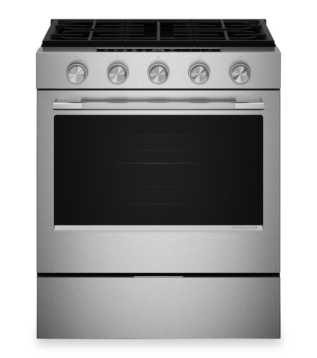 Cuisinière intelligente à gaz encastrée KitchenAid de 5,0 pi3 et de 30 po avec modes par convection - acier inoxydable résistant aux traces de doigts - KSGS330SPS